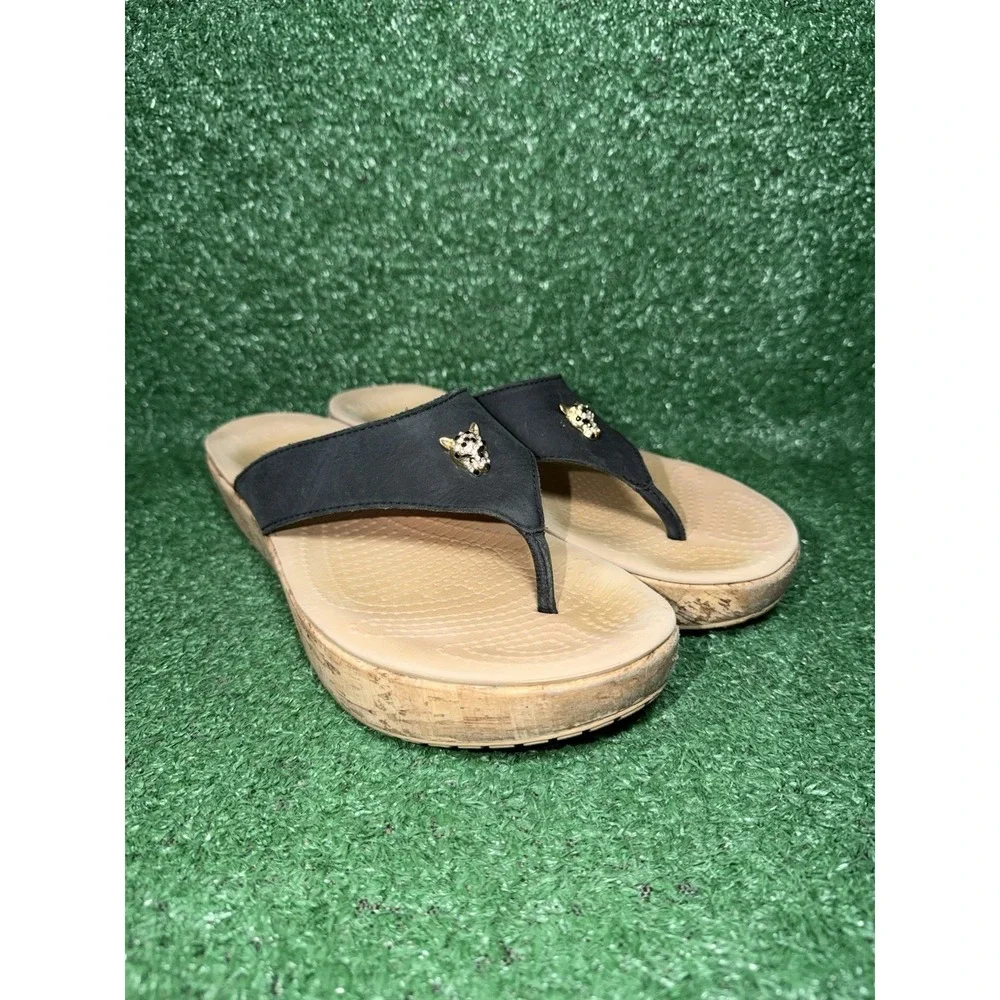 CROCS A-Leigh Leather Platform Wedge Sandals Strappy Cork Heel Womens Size 9 - Picture 2 of 10